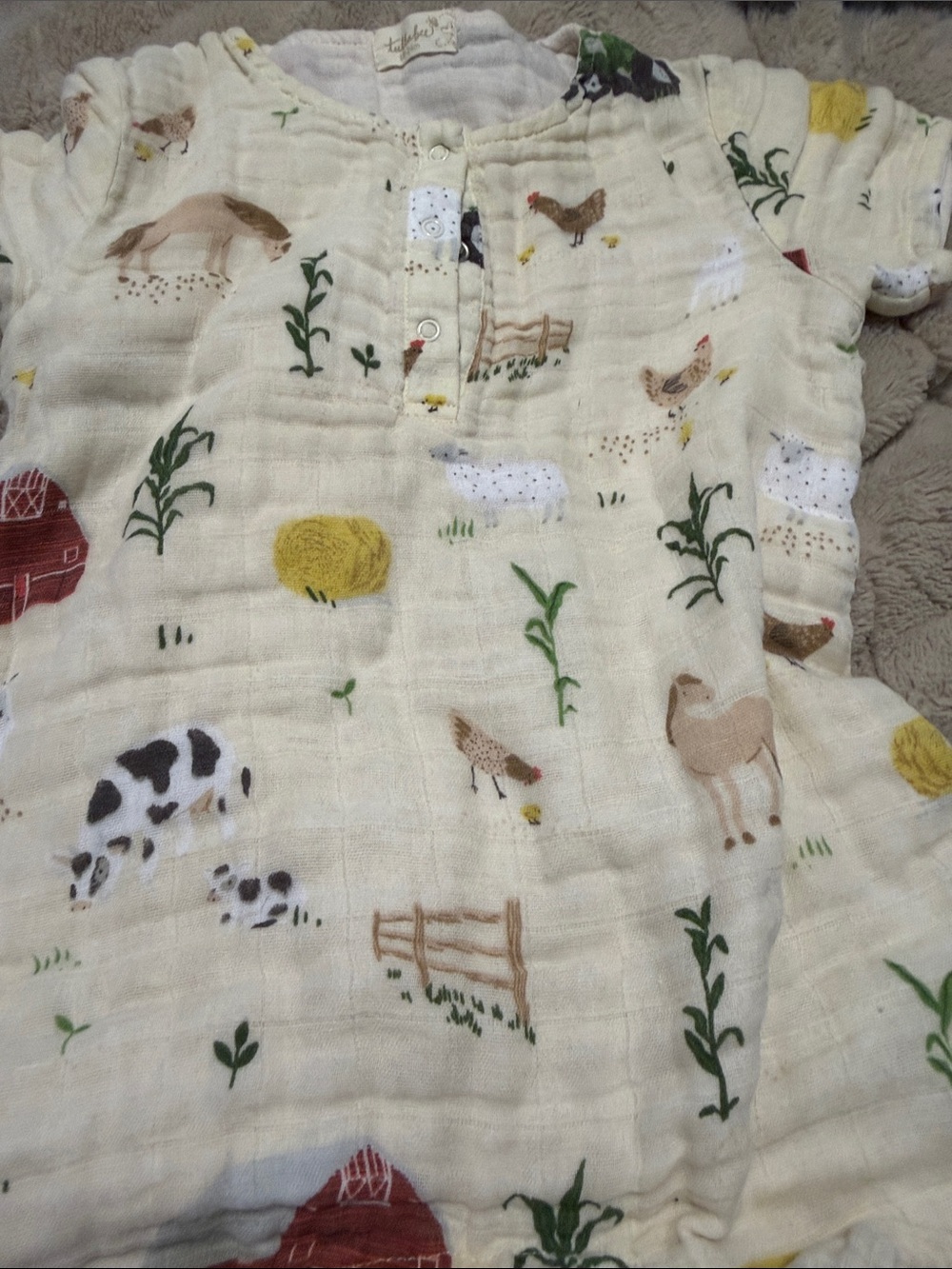 Tullabee Barn Farm Animals Shortie Romper 100% organic cotton muslin 18-24 month